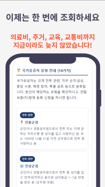 국가유공자 신청 정보 제공 앱, 보훈급여금, 의료지원 복지혜택 조회