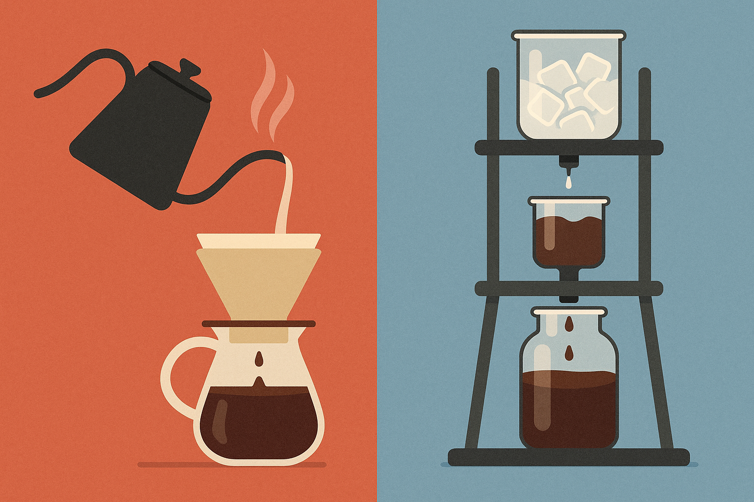 좌측은 뜨거운 물로 커피를 내리는 장면, 우측은 콜드브루 형식으로 추출하는 방법 일러스트