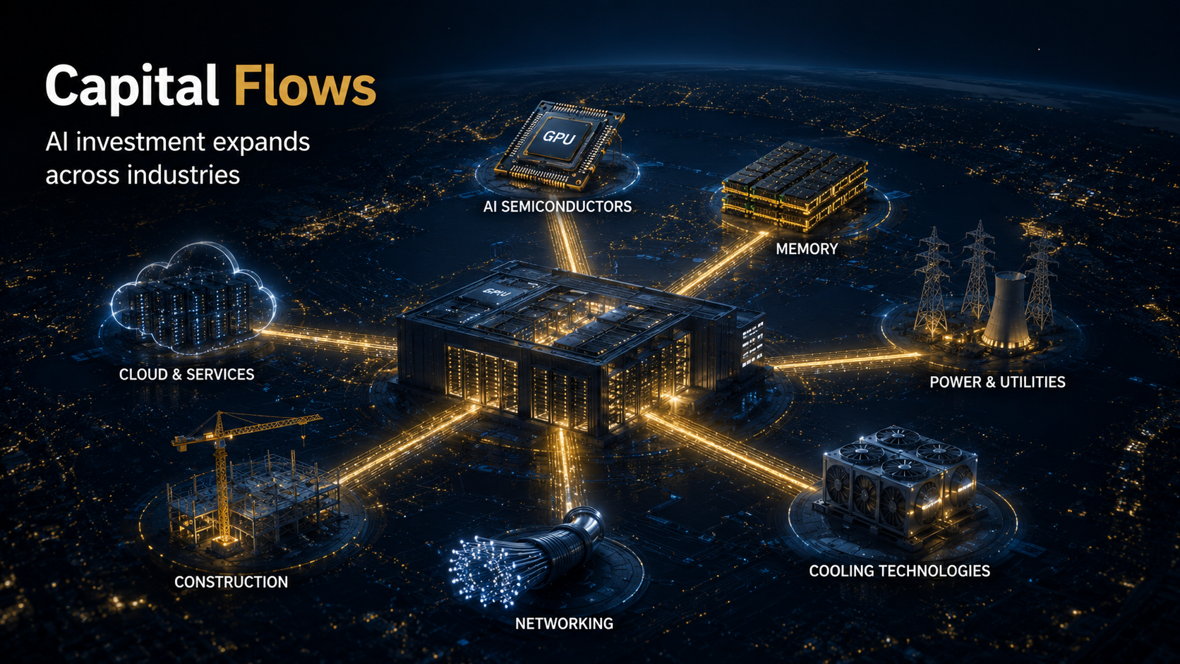 AI data center ecosystem connected to semiconductors, memory, power infrastructure, networking, cooling technologies, and cloud services.