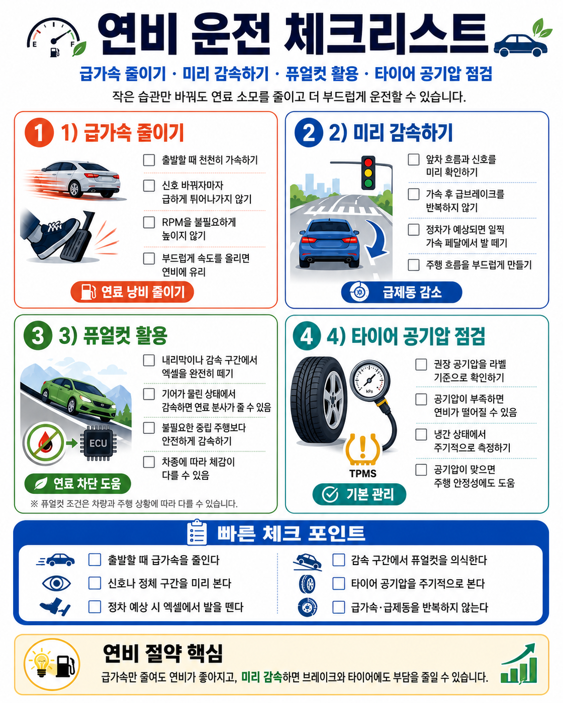 주유비 절약을 위한 연비 운전 습관과 타이어 공기압 체크리스트
