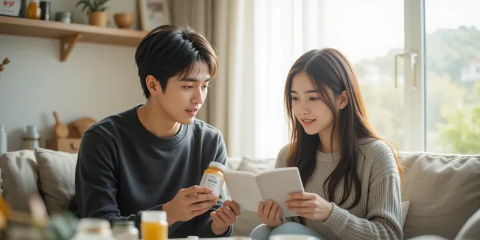 커플이 건강기능식품을 비교하는 자연스러운 장면