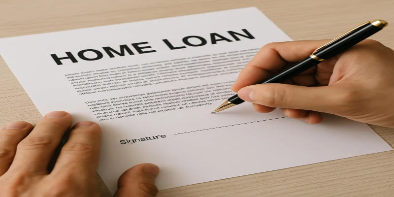 HOME LOAN' 문서에 서명하려는 모습, 보증 가입 서류 작성 장면 표현