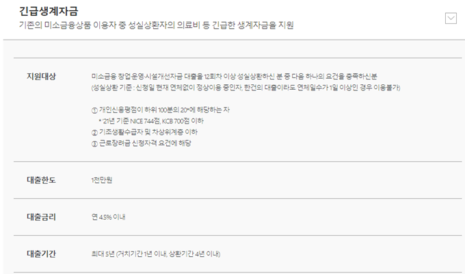 미소금융 긴급생계자금에 대해 설명된 표