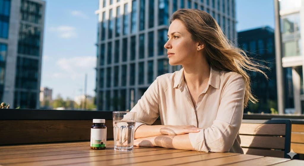 간 건강 영양제를 챙기며 휴식을 취하는 여성