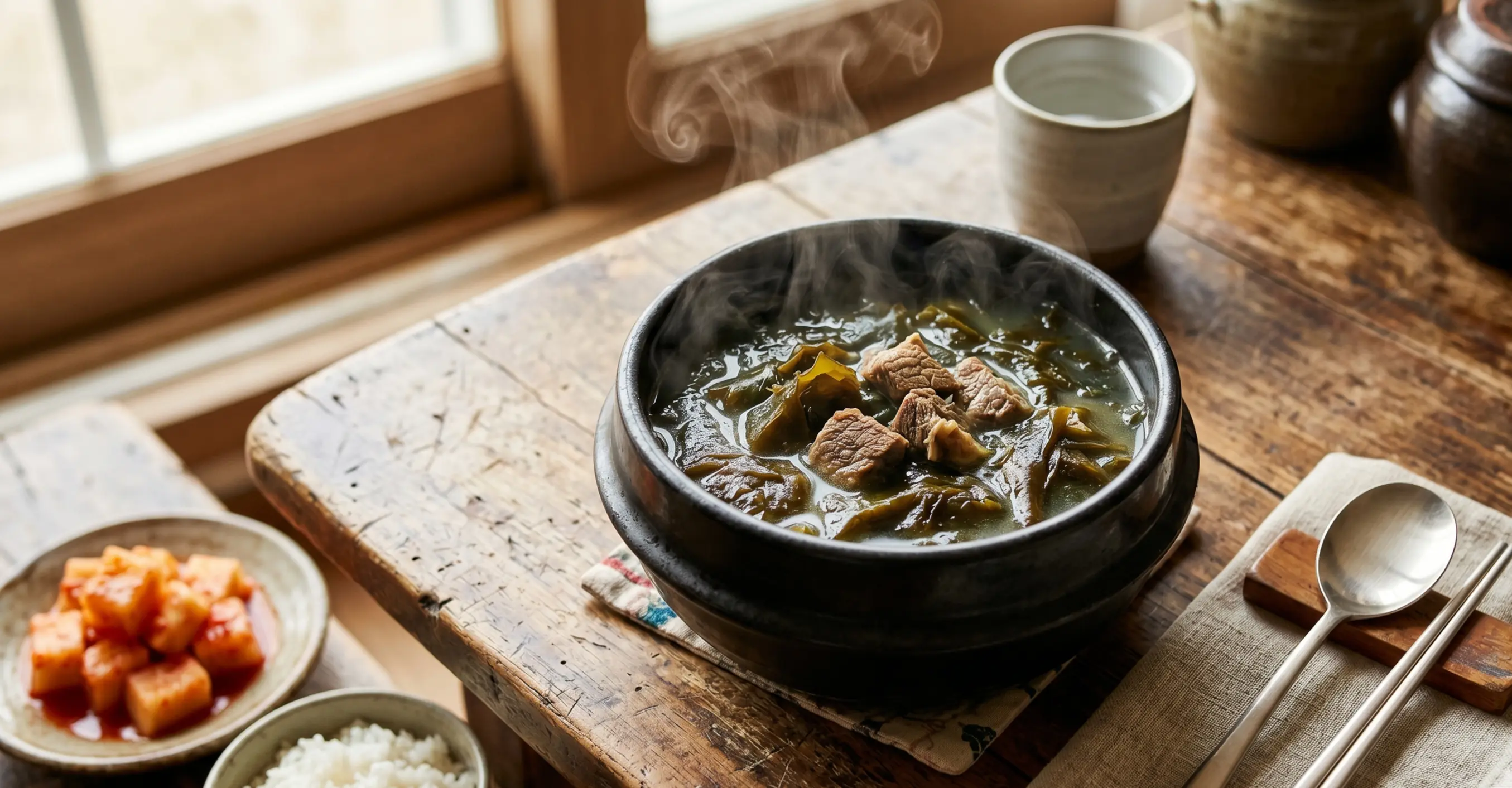 한국사람은 생일에 소고기미역국을 먹습니다. 산모에게 아주 좋은 미역과 영양을 보충하는 소고기가 들어간 소고기미역국은 가장 많이 먹는 미역국입니다, 바닷가에서는 생선을 넣은 미역국을 더 많이 먹는 답니다.