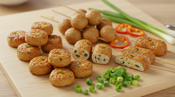 다양한 모양의 어묵이 깨끗한 도마 위에 놓여 있다.