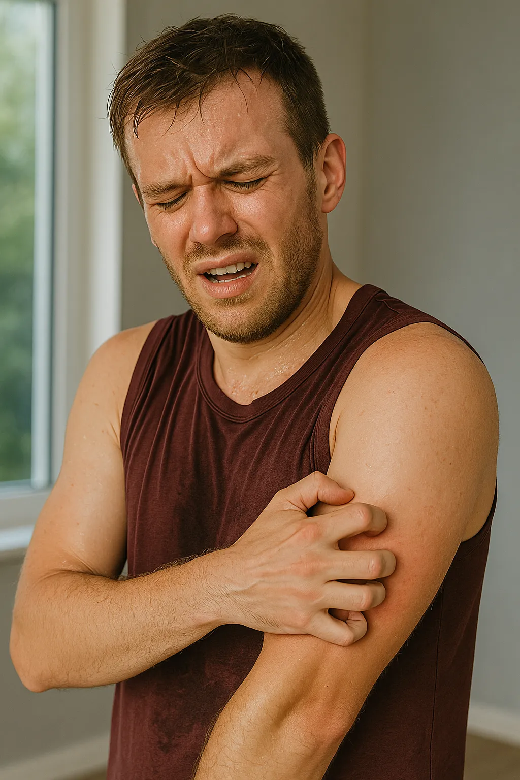 운동-직후-팔을-긁으며-불편해하는-남성의-표정과-행동