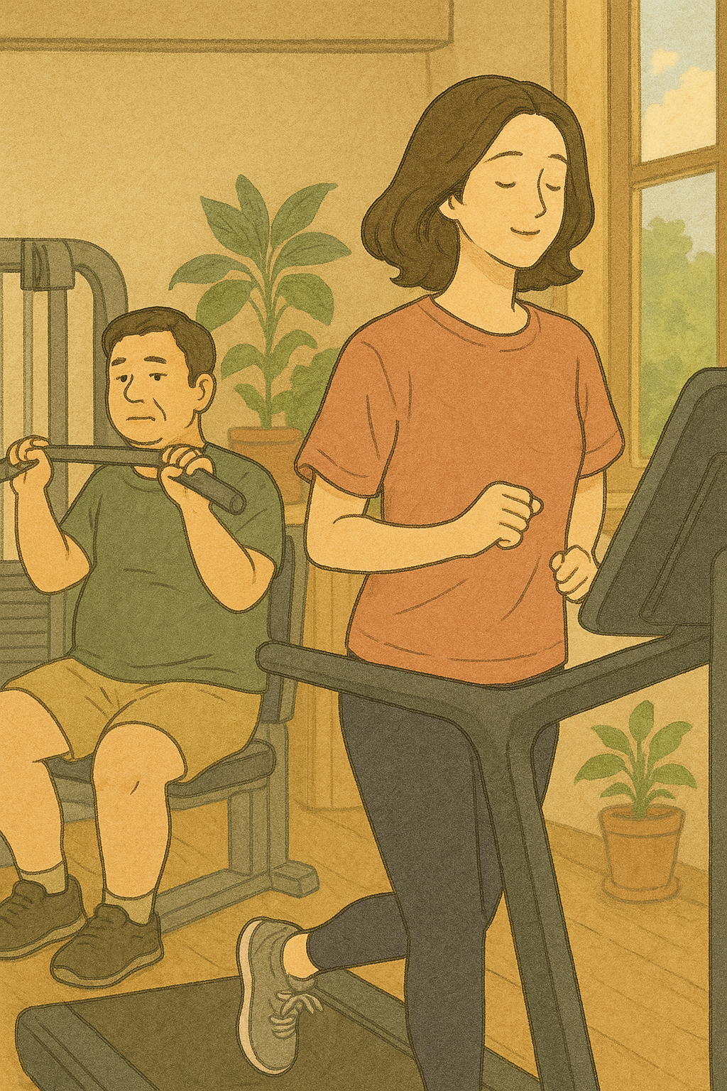 헬스클럽에서 운동하기 시작한 두 사람---조용한 회복의 시작