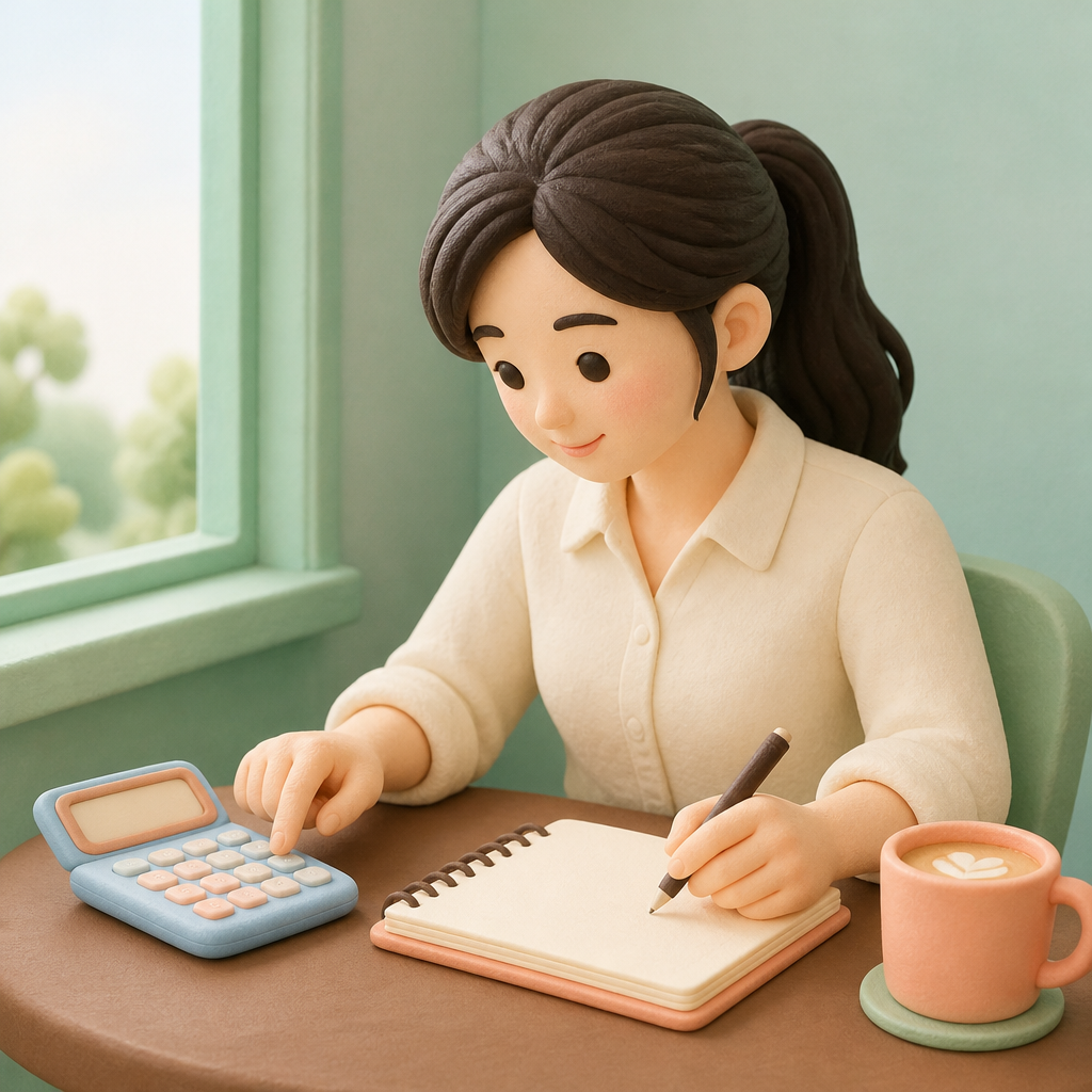 카페 창가 자리에서 계산기를 두드리며 공책에 숫자를 적는 여성