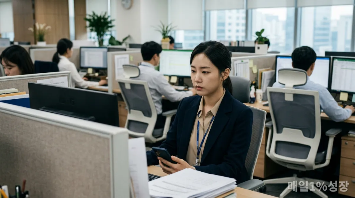 한국 직장인이 직장 내 괴롭힘 증거를 수집하기 위해 몰래 기록하는 모습.