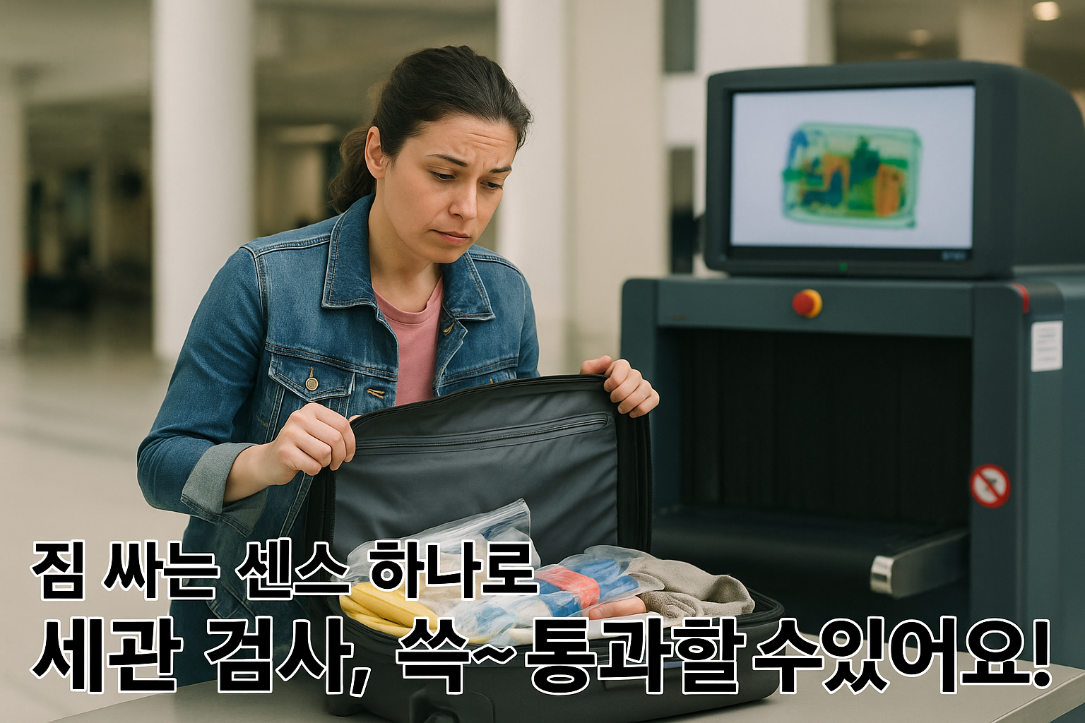 공항 수하물 검사대 앞, 가방을 열어보는 장면 이미지