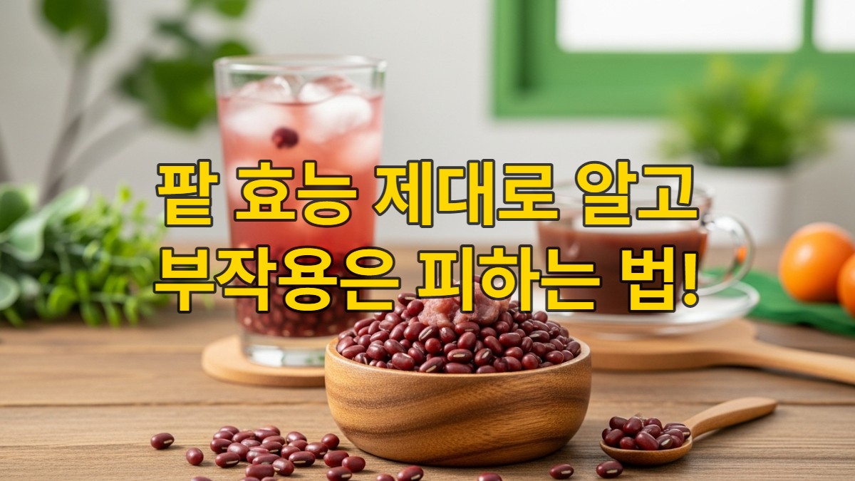 신선한 팥 알곡과 따뜻한 팥차, 시원한 팥물이 함께 놓여 건강과 활력을 상징하는 모습