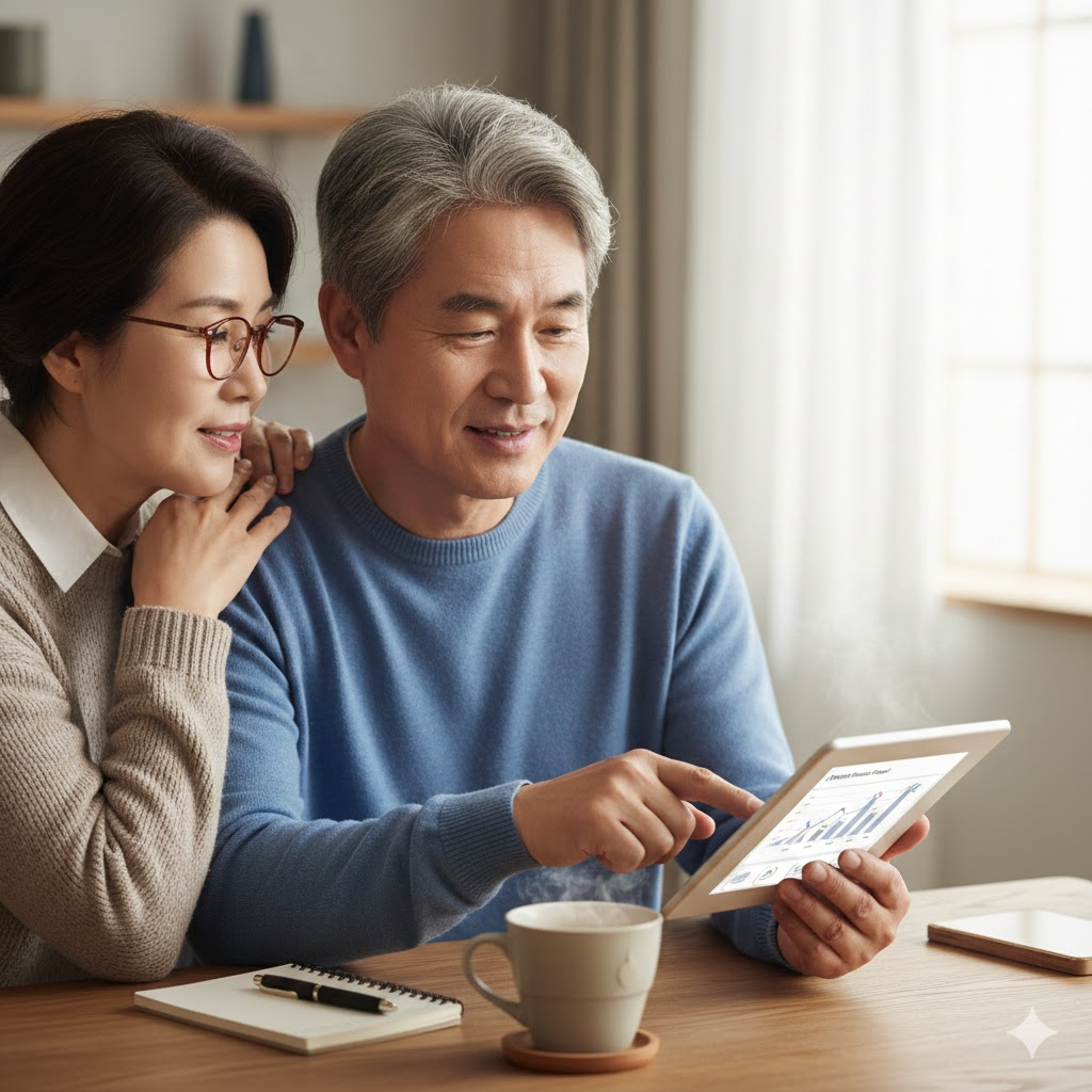 나의 예상 연금 수령액을 확인하며 노후 계획을 세우는 모습