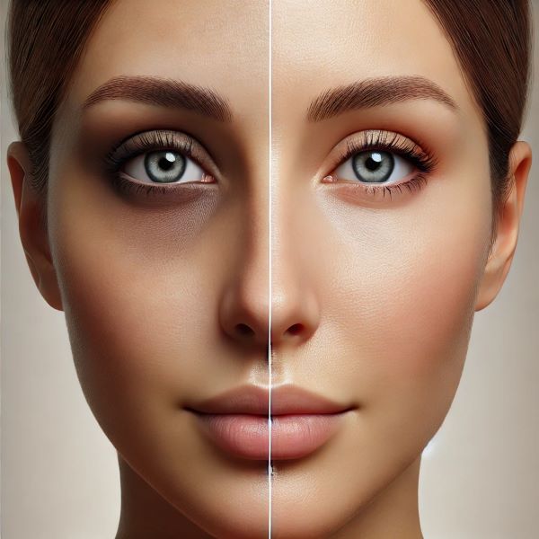 여성 얼굴의 클로즈업 이미지로, 왼쪽 눈 밑에는 다크서클이 진하게 나타나 있고, 오른쪽은 밝고 매끄러운 피부로 개선된 모습이 비교되고 있다.