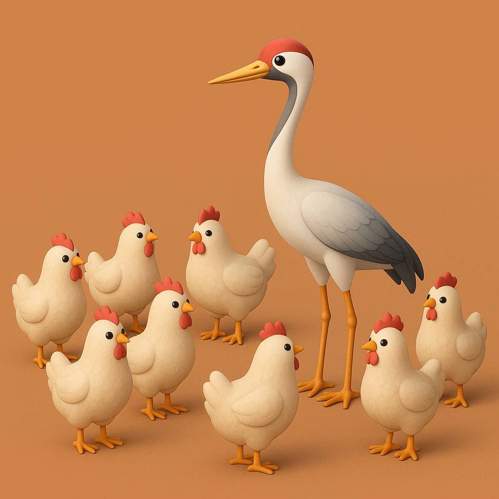 닭 무리 속에서 당당하게 서 있는 한 마리의 학을 묘사한 3D 이미지. 주변의 닭들보다 키가 크고 우아한 모습으로 돋보이는 학을 통해 &lsquo;군계일학&rsquo;을 상징적으로 표현함.