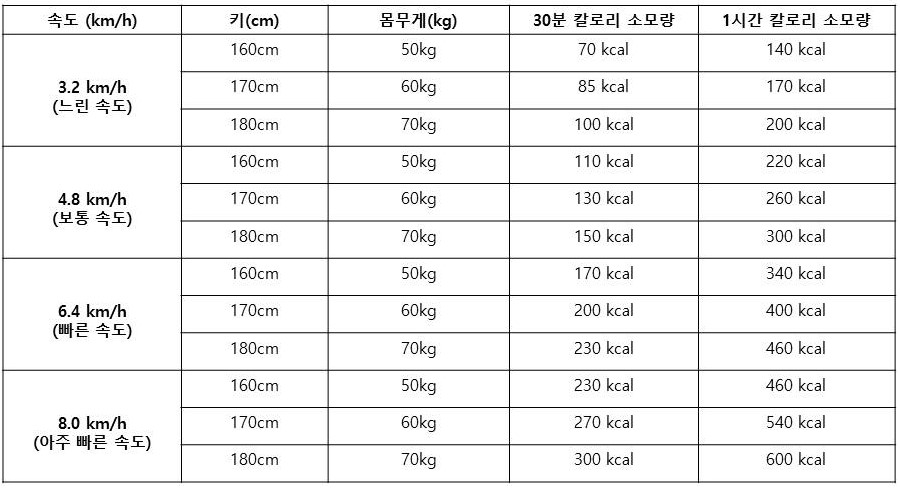 걷기운동 키, 체중, 속도별 칼로리 소모량