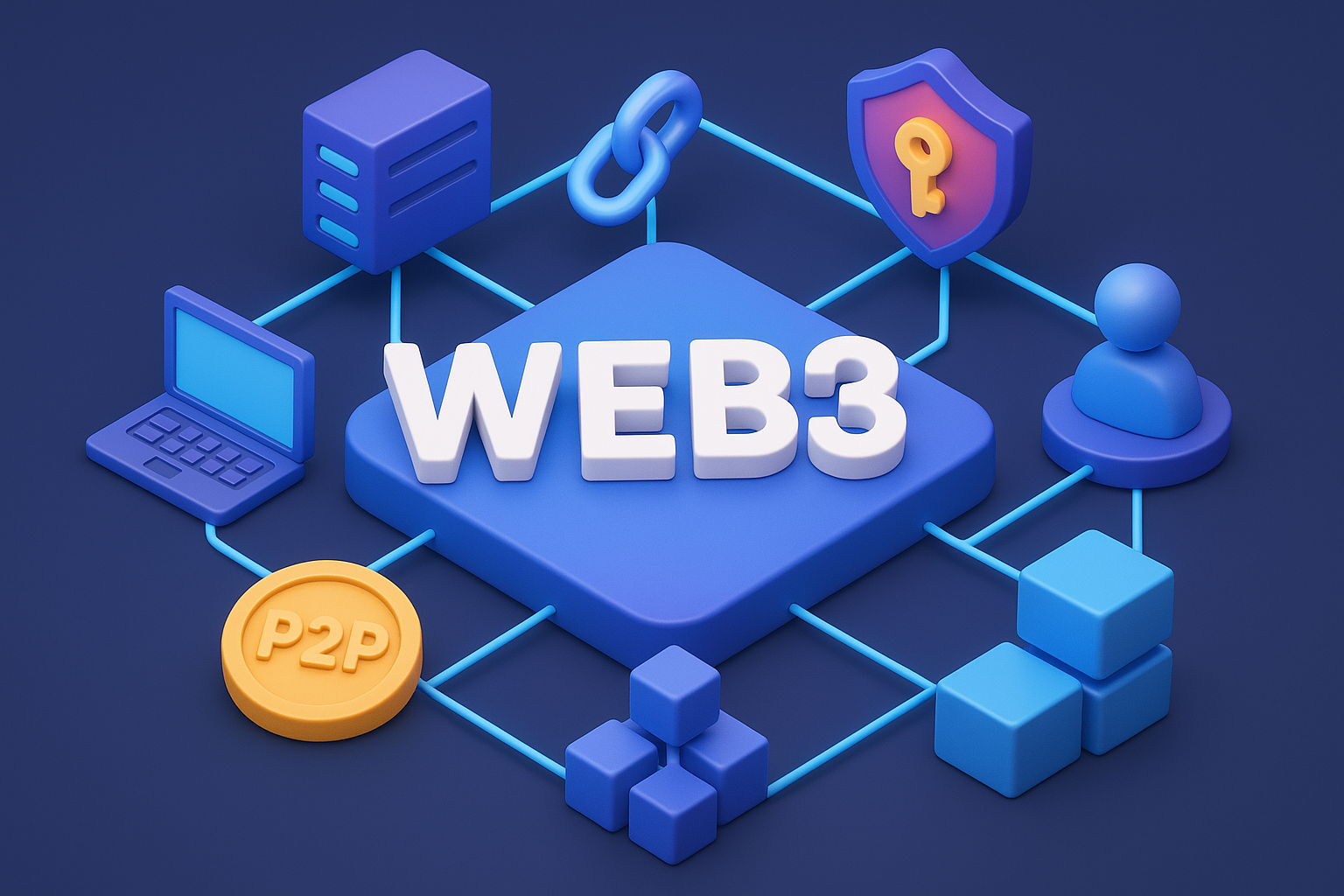 3D image of Web3, a decentralized internet based on blockchain technology and a user-centric, P2P network.