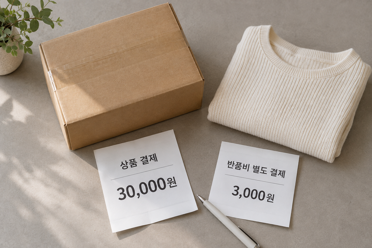 반품 상자와 별도로 낸 배송비 영수증을 비교하는 장면