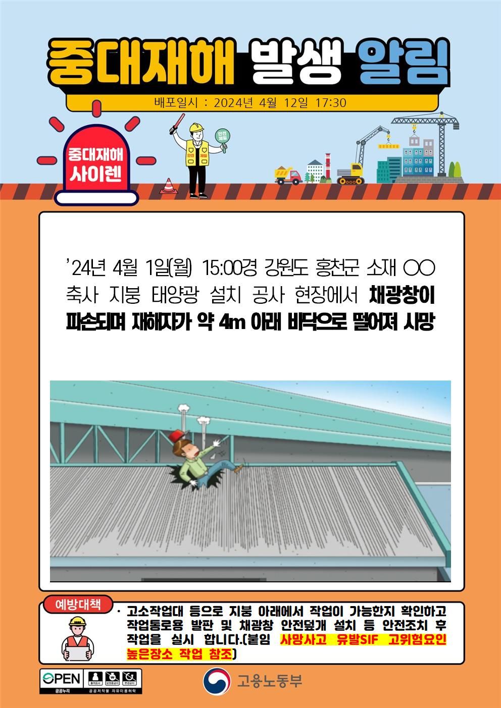 태양광 설치 공사 작업중 채광창이 파손되며 떨어짐