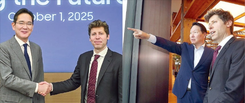 이재용 삼성전자 회장(왼쪽 사진 왼쪽)이 1일 서울 삼성전자 서초사옥에서 샘 올트먼 오픈AI 최고경영자(CEO)와 글로벌 인공지능(AI) 인프라 구축을 위해 포괄적 협력 의향서(LOI)를 체결한 뒤 악수하고 있다. 최태원 SK그룹 회장(오른쪽 사진 왼쪽)과 올트먼 CEO가 이날 SK서린빌딩에서 창밖을 보며 대화하고 있다.