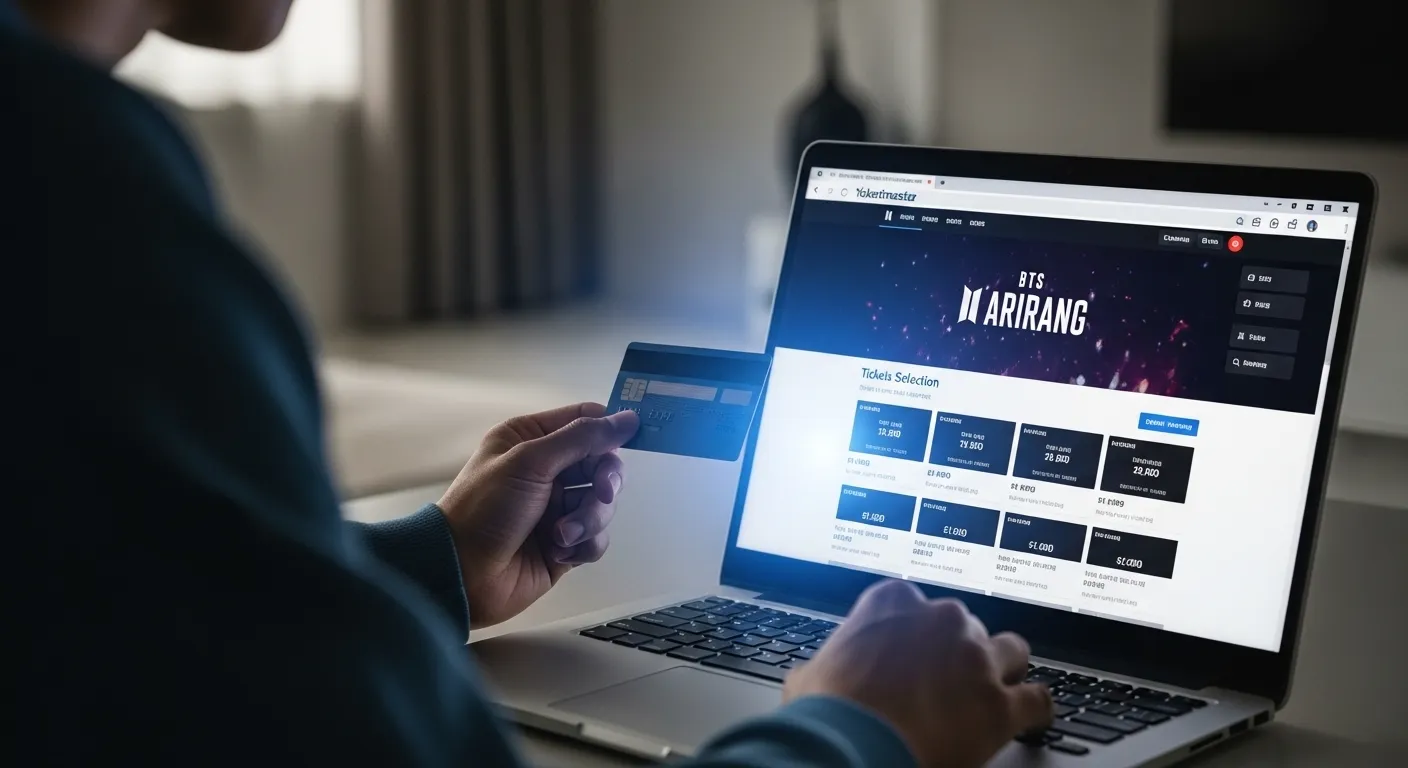노트북 화면에 티켓마스터의 BTS '아리랑' 콘서트 티켓 예매 페이지가 보이고, 신용카드를 든 손이 마우스를 조작하고 있다.