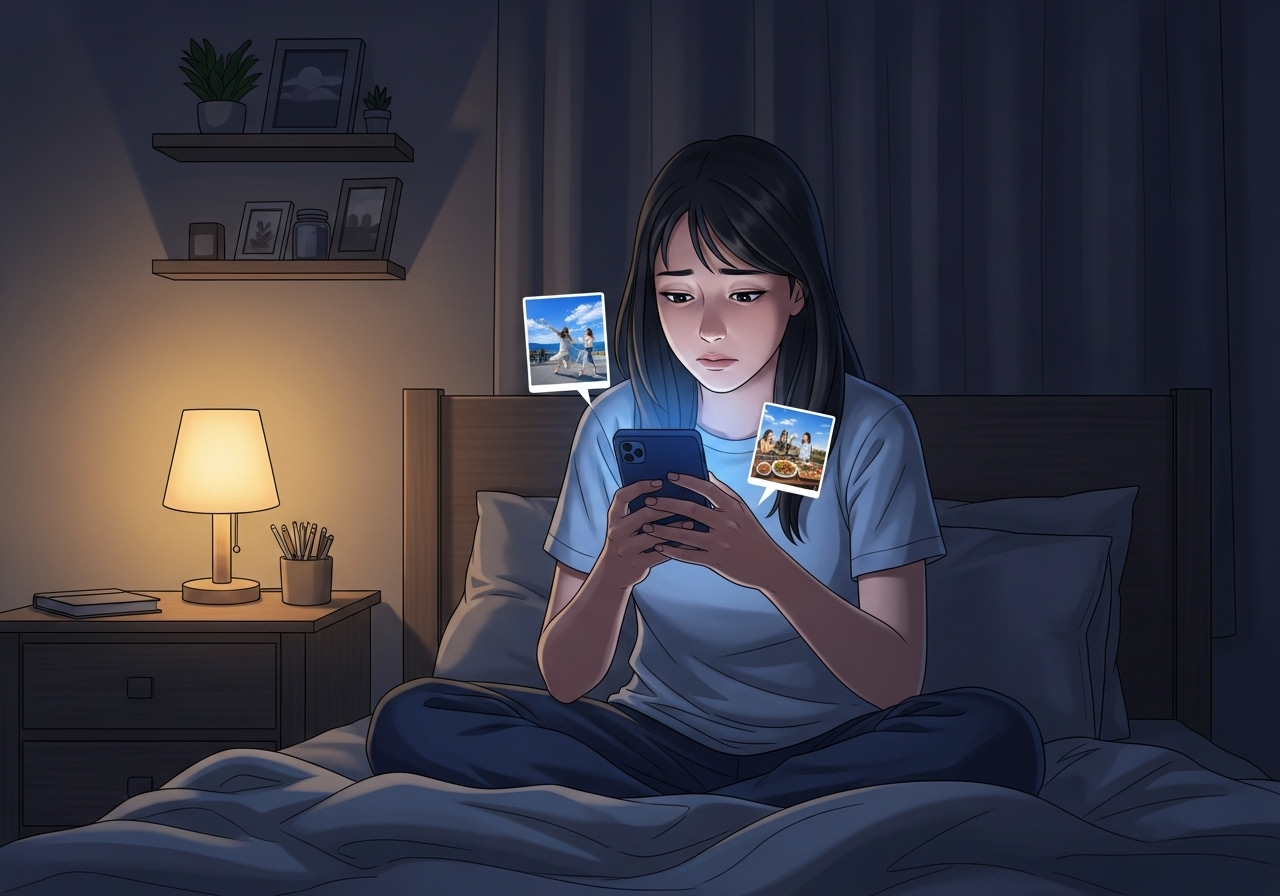 침대에서 다른 사람들의 SNS를 보며 자신과 비교하고 있는 여성 일러스트