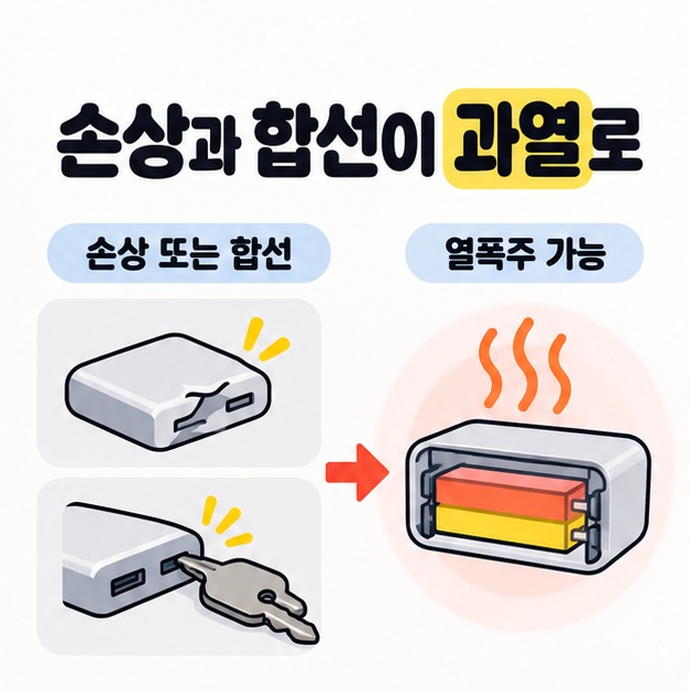 손상된 보조배터리와 단자에 금속 열쇠가 닿는 예시를 열이 오르는 배터리 단면으로 연결해 열폭주 가능성을 설명한 도식.
