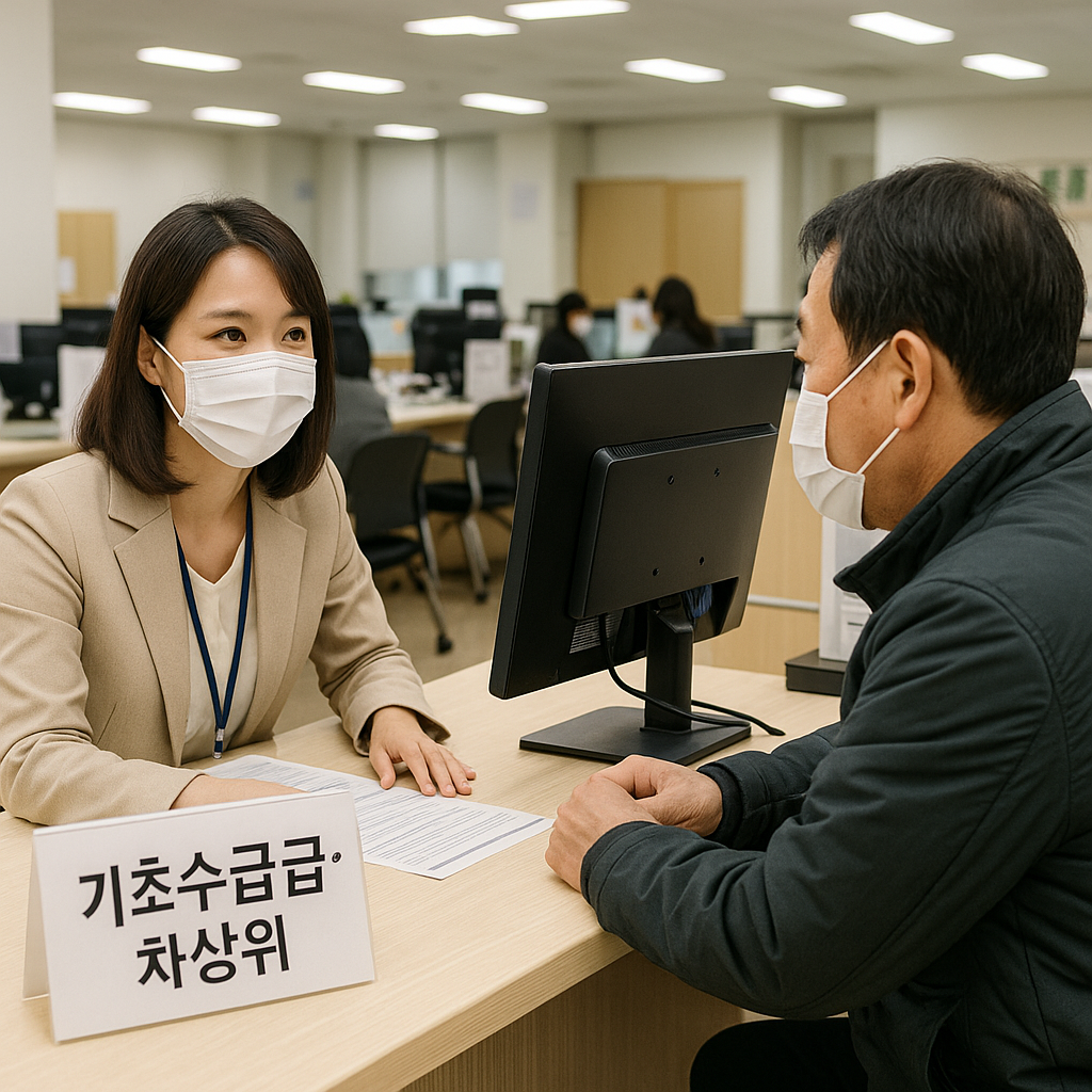 &ldquo;기초수급 상담 받는 시민과 사회복지사&rdquo;
