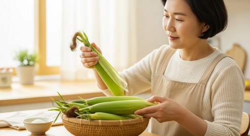 보관 전 초당옥수수 껍질 상태를 꼼꼼히 확인하는 한국 주부의 손