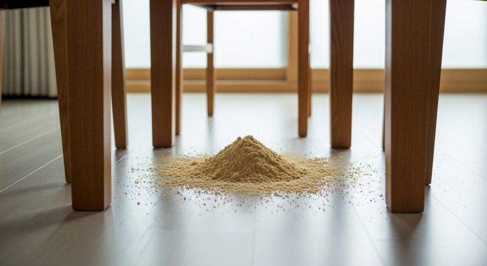 식탁 밑 흘린 곡물 가루