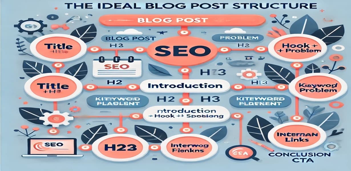 SEO에 최적화된 블로그 글 구성 인포그래픽 – 키워드 포함 제목, 도입부, 소제목 구조, 내부링크, CTA로 마무리된 글 흐름