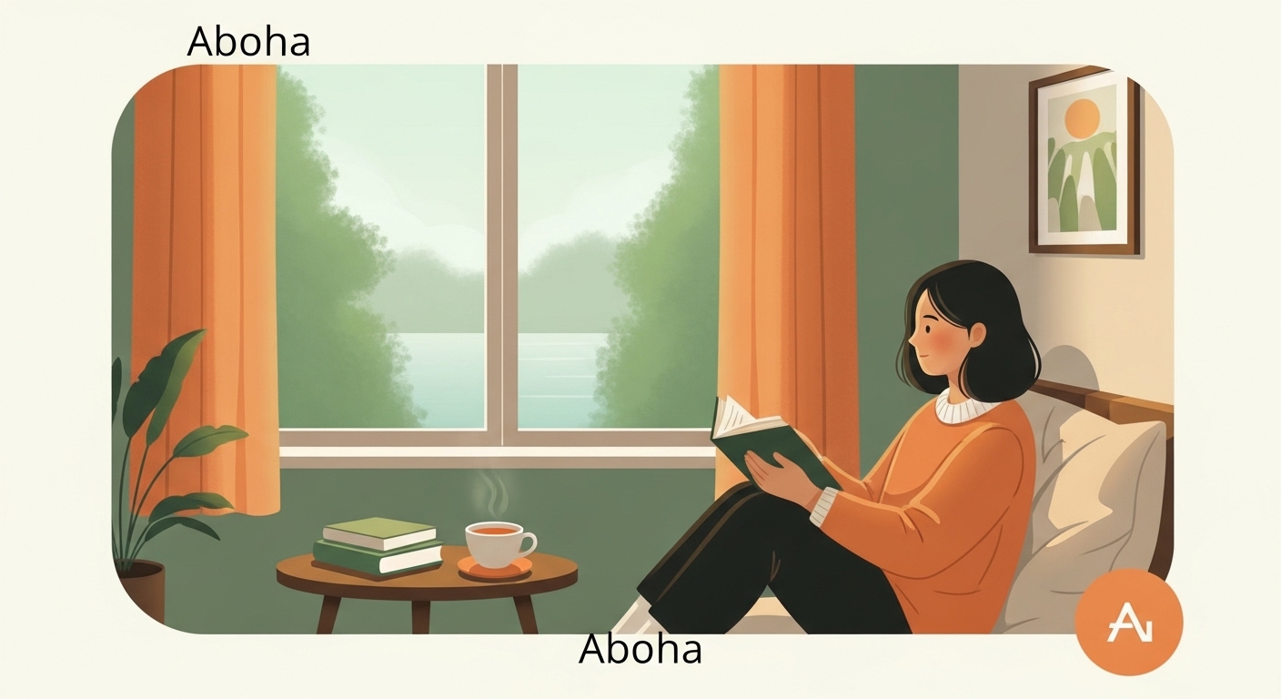 따뜻한 햇살이 비추는 아늑한 거실에서 평온하게 차를 마시며 책을 읽는 사람의 모습, 아보하 라이프스타일을 상징합니다.