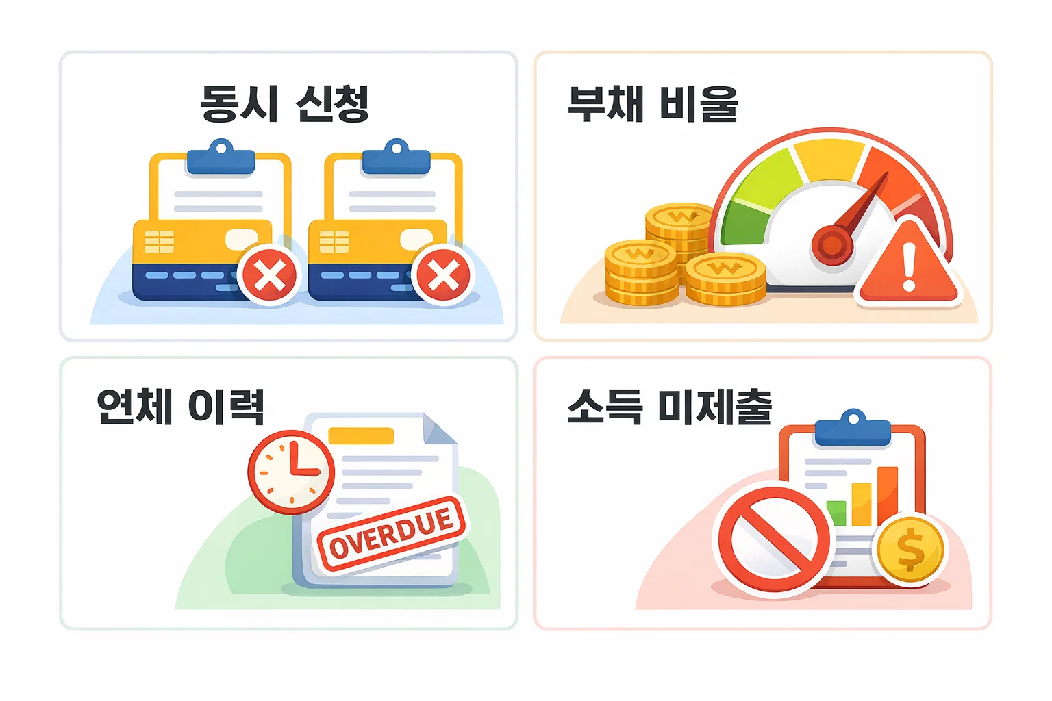 동시 신청&middot;부채 비율&middot;연체 이력&middot;소득 미제출 등 승인 거절 위험 요인을 정리한 인포그래픽