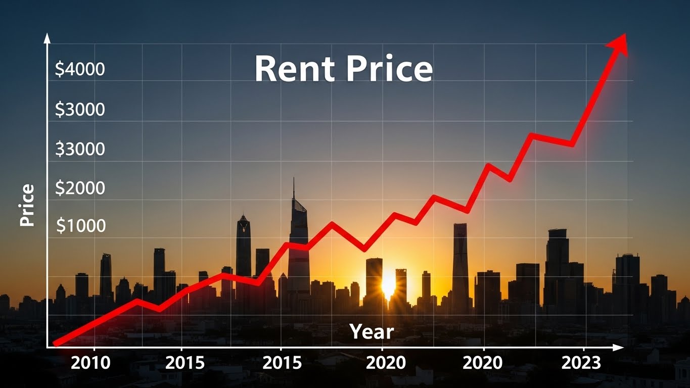 A line graph climbing steeply upwards labeled 'Rent Price', with a cityscape silhouette in the background
