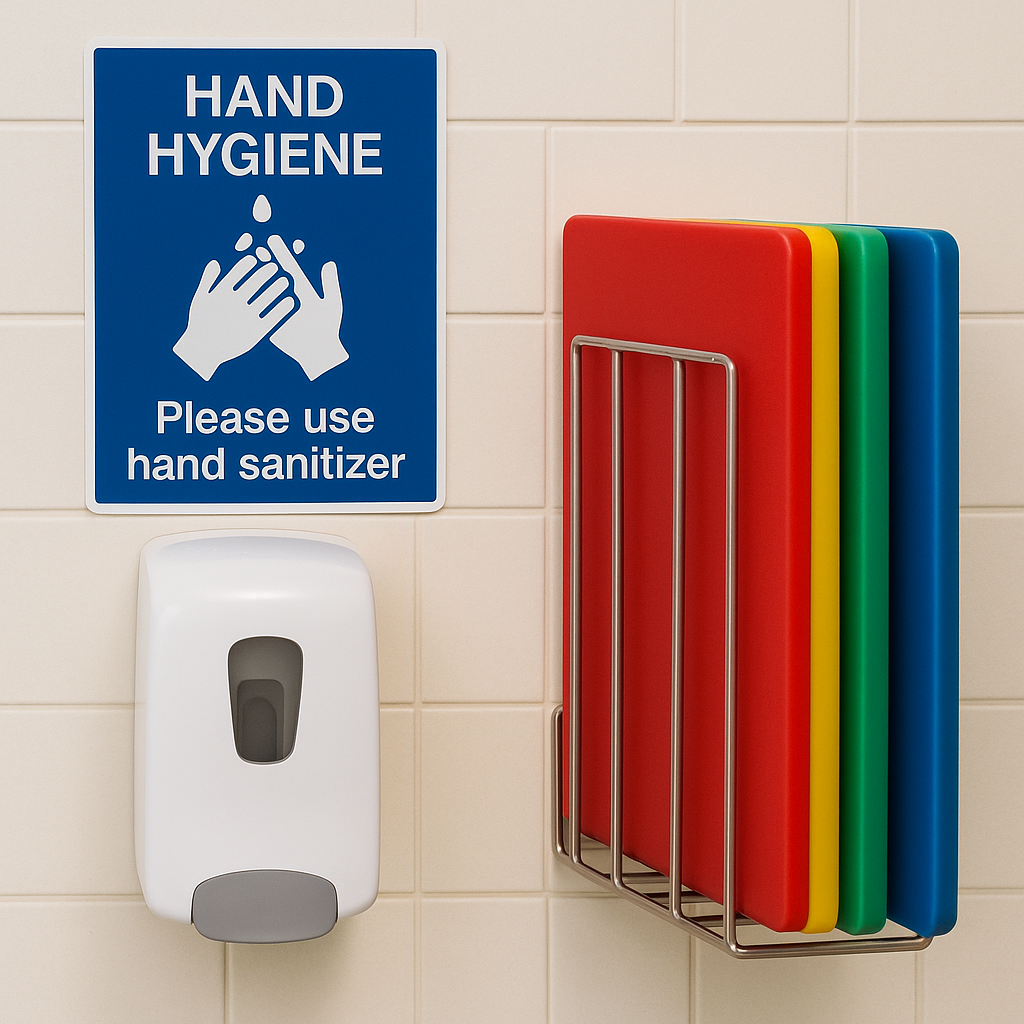 손소독제 디스펜서와 색상별 도마 세트가 벽면에 정리된 탕비실