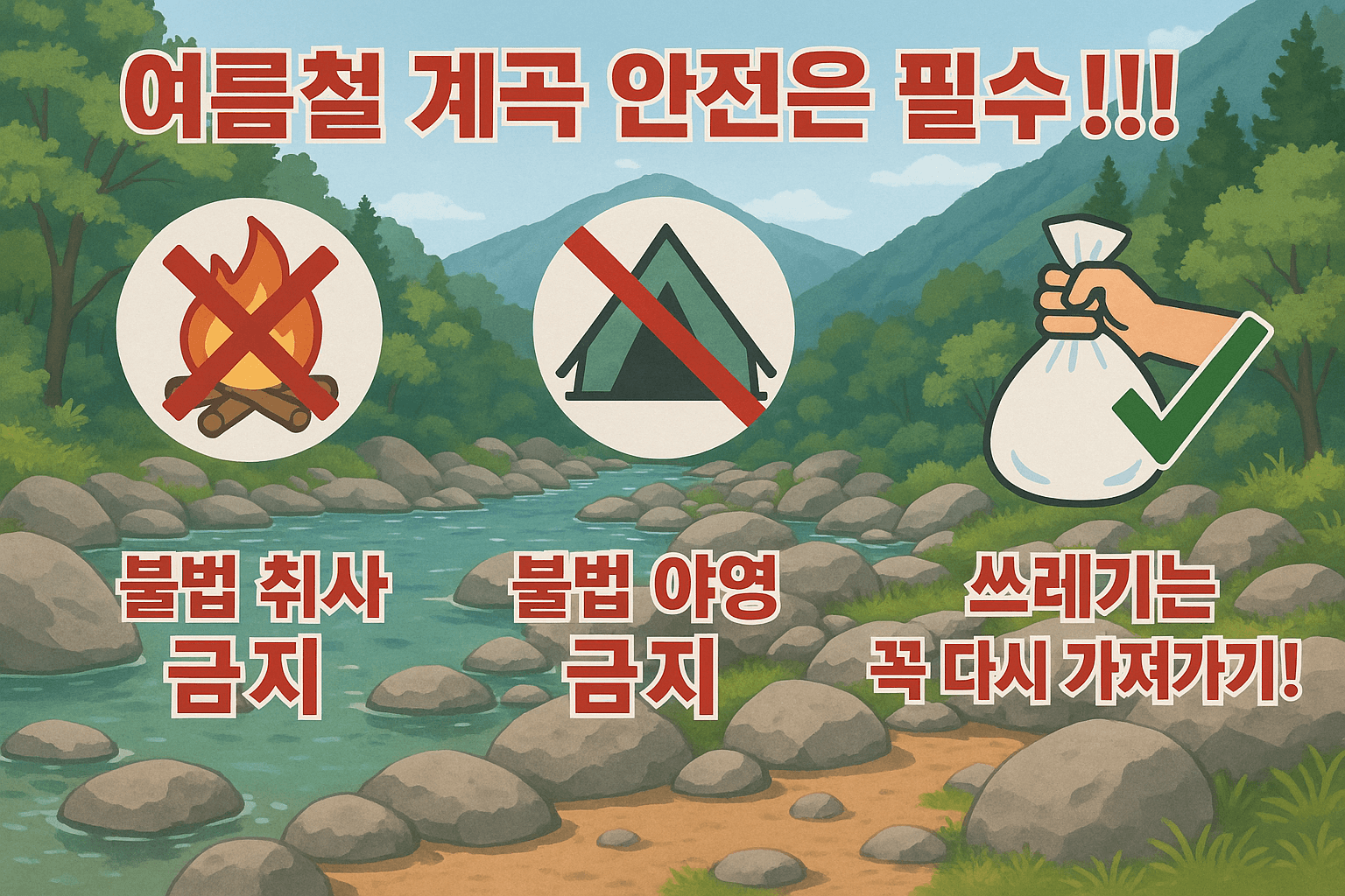 여름철 계곡 안전은 필수!! 불법 야영/취사 금지, 쓰레기는 다시 가져갈것!!!