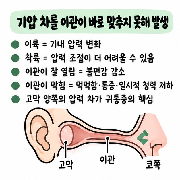 이착륙 때 중이와 기내 기압 차를 이관이 바로 맞추지 못해 귀 먹먹함과 통증이 생기는 원인 카드