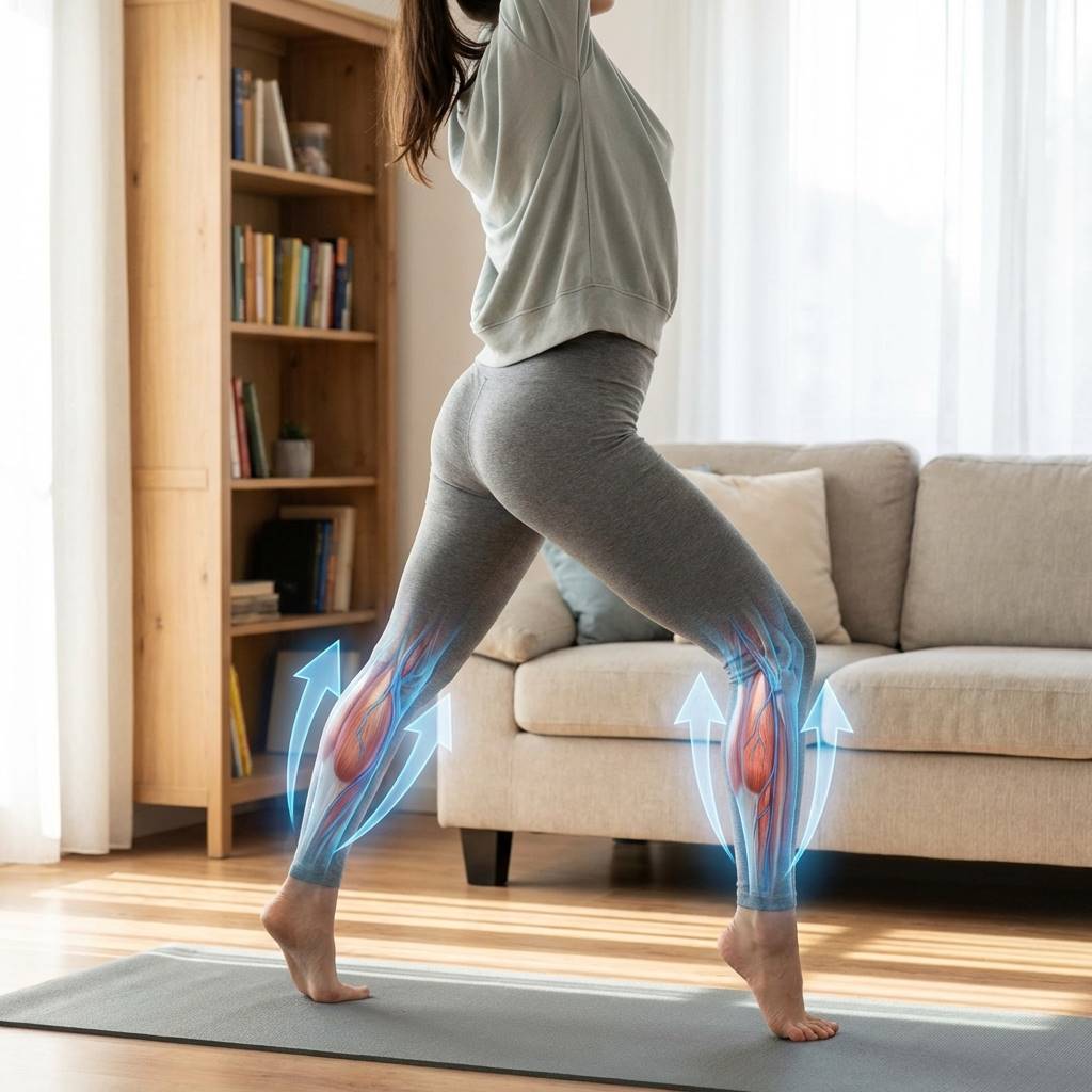 편안한 복장의 여성이 거실에서 까치발을 들고 스트레칭하는 모습, 종아리 근육의 움직임과 혈액순환 화살표 그래픽