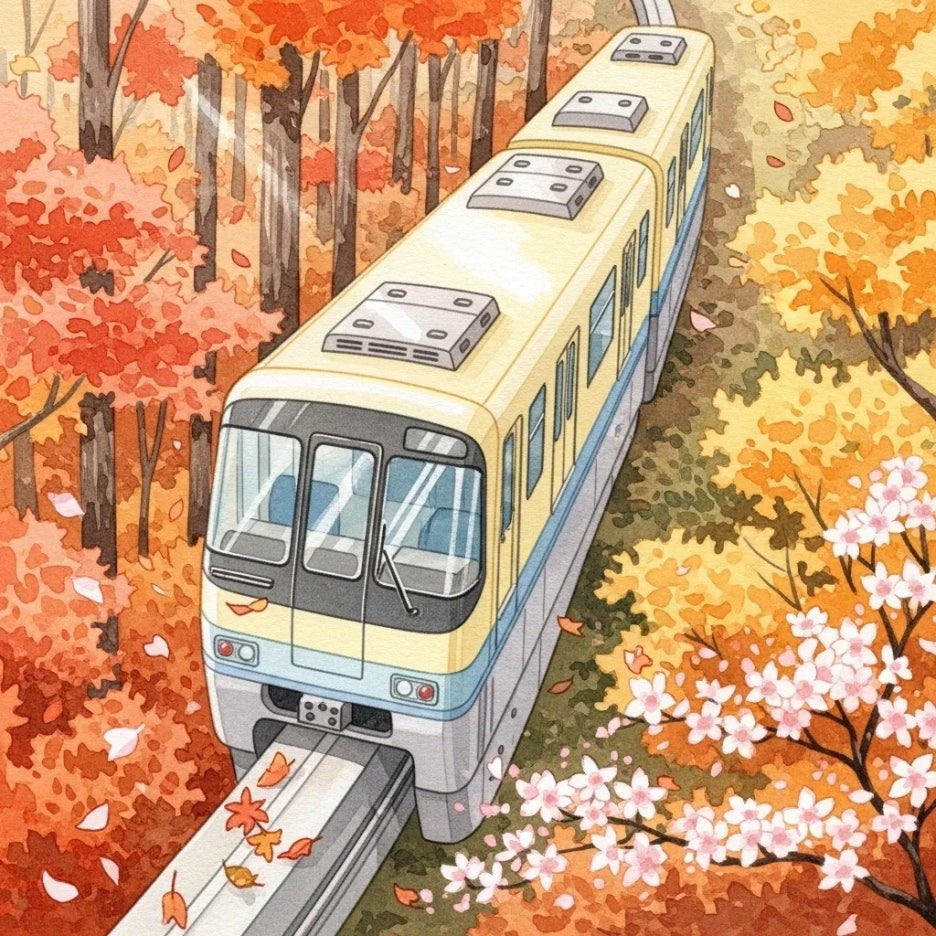 숲속을 지나는 모노레일의 아날로그 그림