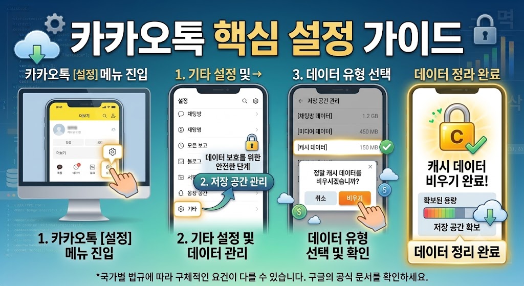 카카오톡 앱 관리 메뉴의 캐시 데이터 삭제 클릭 화면