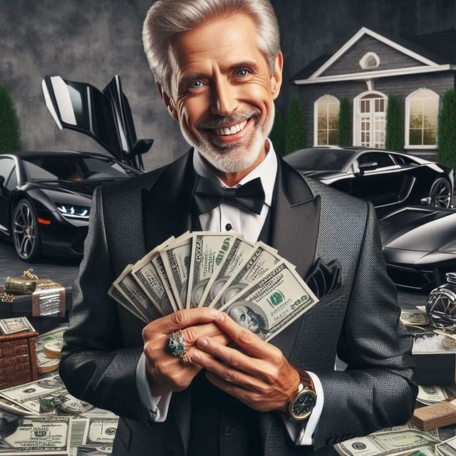 활짝 웃고 있는 돈 가진 부자