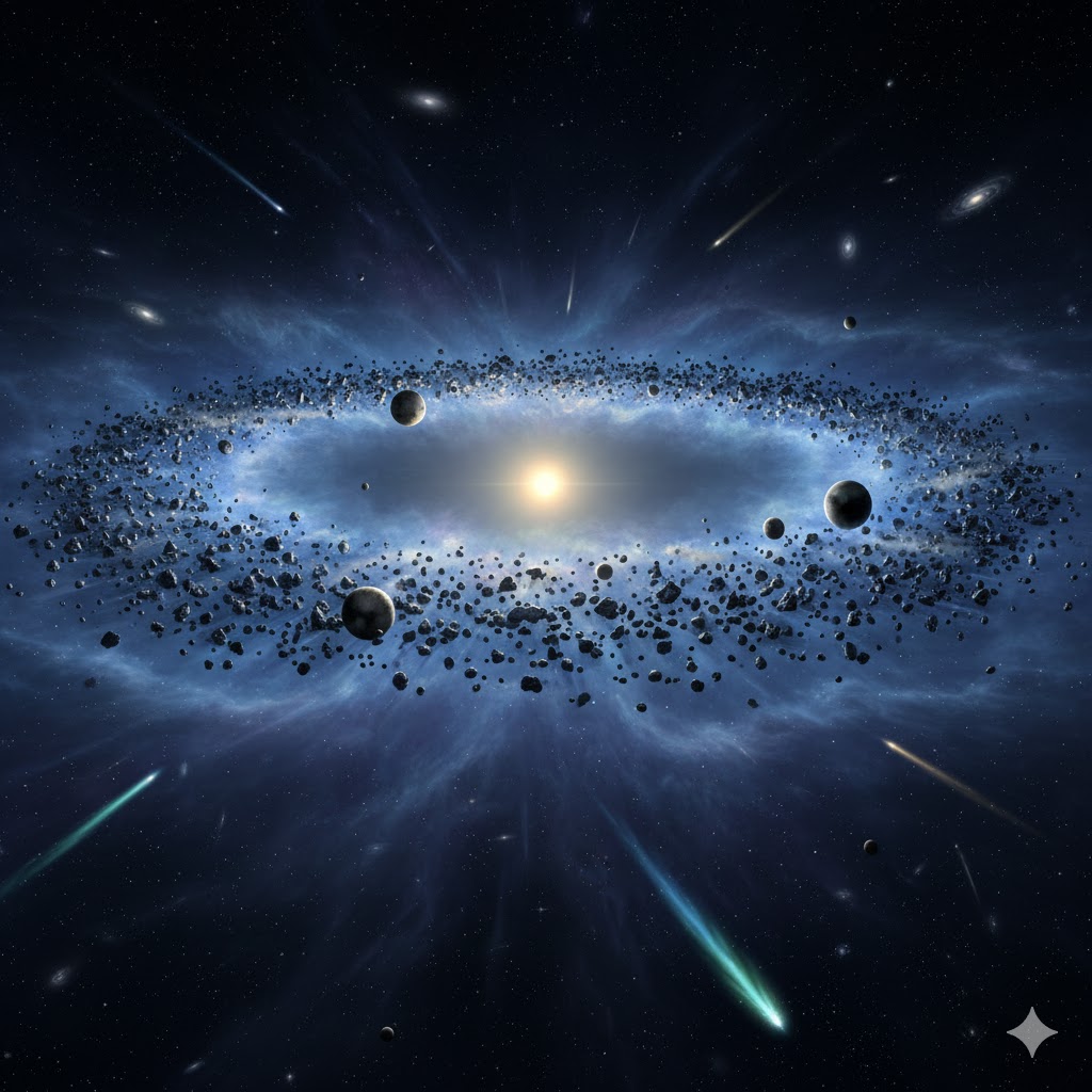 태양계 외곽의 카이퍼 벨트를 시각화한 우주 공간의 모습. 중앙에는 밝게 빛나는 태양이 위치하며, 그 주위를 수많은 얼음 암석과 소행성들이 거대한 도넛 모양의 띠를 형성하며 돌고 있습니다. 배경은 깊고 푸른 성운과 먼 은하들이 흩어져 있는 어두운 밤하늘이며, 몇몇 혜성들이 긴 꼬리를 남기며 가로지르는 역동적인 장면이 담겨 있습니다.
