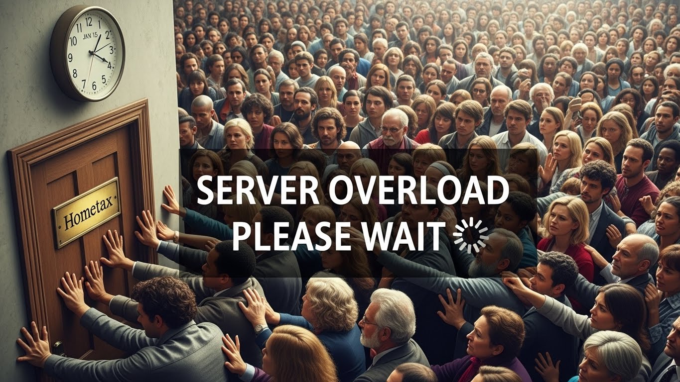 1월 15일 연말정산 간소화 서비스 오픈일에 사용자가 몰려 서버가 폭주하는 모습을 표현한 이미지