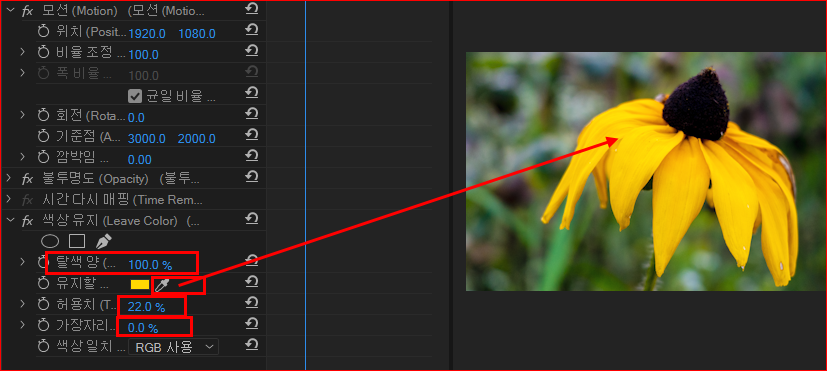 효과 컨트롤 패널 옵션 조정