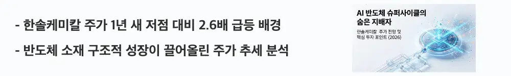 '한솔케미칼 주가 1년 새 저점 대비 2.6배 급등 배경'라는 문구가 포함된 웹배너 이미지. 이 이미지는 한솔케미칼 주가의 1년 수익률과 상승 추세 배경을 시각적으로 전달하며, 블로그의 한솔케미칼 주가 전망과 관련된 내용을 설명함