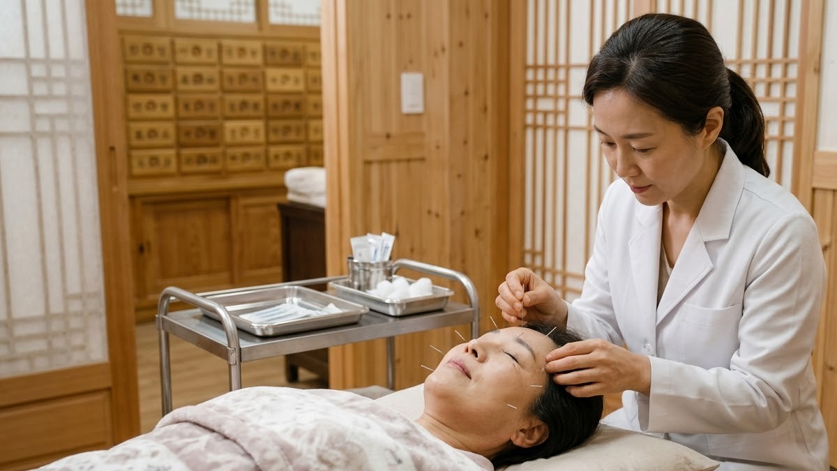 한의원에서 얼굴 주변에 침 치료를 받는 환자