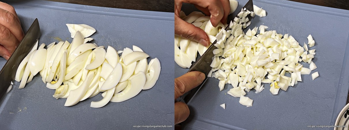 샐러드 빵 (사라다 빵)에 들어갈 계란을 채써는 사진