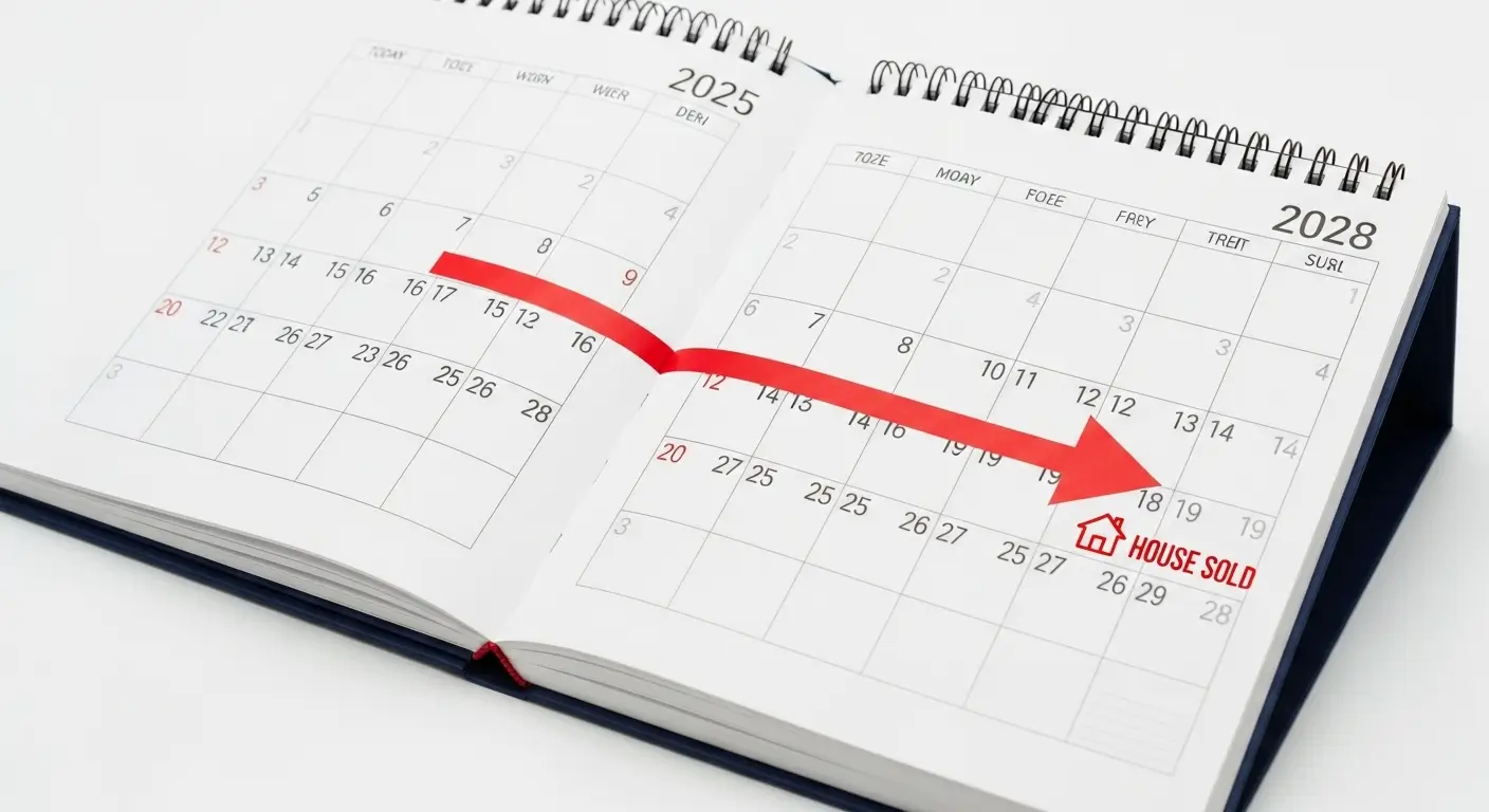 2025년부터 2028년까지의 달력 위에, 3년의 처분 기한이 화살표로 명확히 표시된 이미지