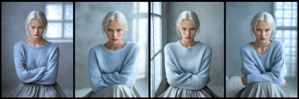 Midjourney OREF 활용, 팔짱을 끼고 고개를 숙인 채 조용하고 우울한 분위기를 표현하는 여성 인물 반신 이미지_Midjourney