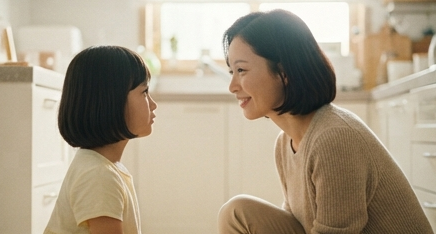 웃으며 아이와 대화하는 엄마